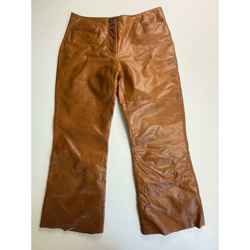 GUESS‎ Genuine Leather Pants Women's Size 2 Brown Flare Leg Design raw hem